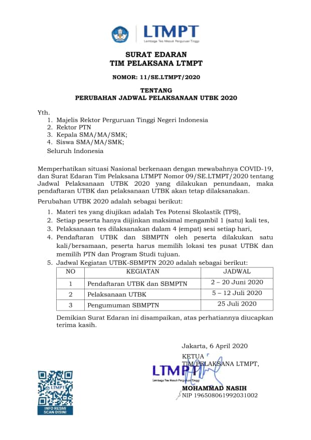Informasi Perubahan Jadwal Pelaksanaan UTBK 2020